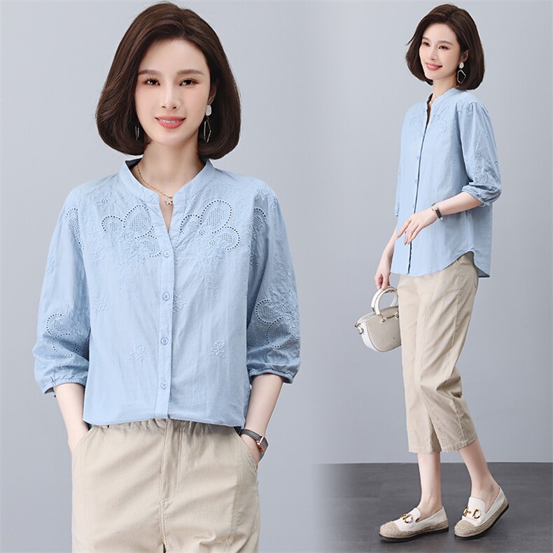 2025年新款V领绣花镂空白衬衫女七分袖春纯棉气质轻熟上衣女衬衣，女装衬衫，奕阳依阁
