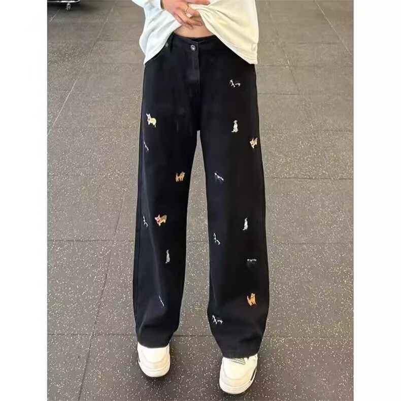 趣味小狗百搭牛仔裤男款秋季小众设计感阔腿裤子美式高街弯刀长裤,男装牛仔裤,四季星座505