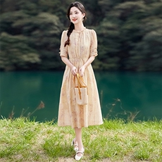 天丝提花连衣裙女夏季2025新款新中式优雅气质减龄收腰碎花中长裙，女装连衣裙，魅丽静蓝