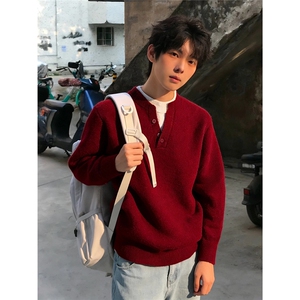 春秋新款慵懒风假两件V领卫衣男简约宽松百搭时尚休闲上衣打底衫图片
