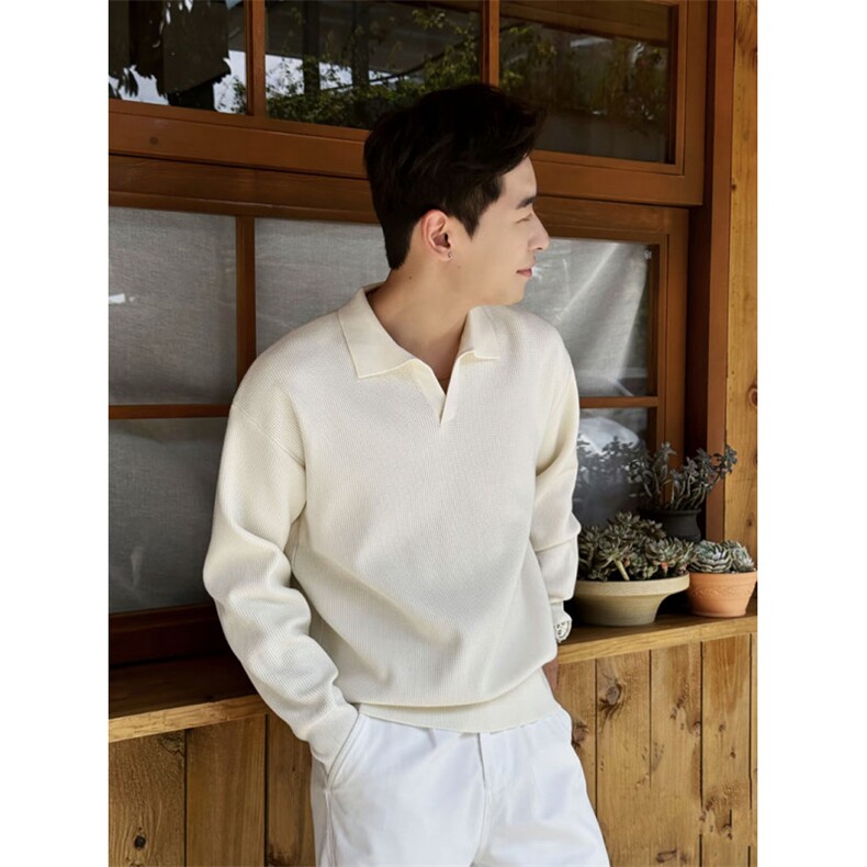 重磅秋冬北极绒亨利领毛衣开衫美式复古休闲慵懒风纯色翻领针织衫,男装针织衫/毛衣,电商A486