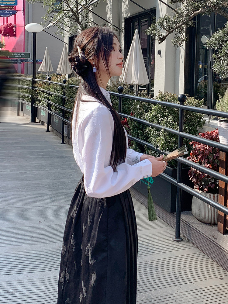 优雅新中式立领提花衬衫修身显瘦长袖上衣搭配高腰马面裙,女装衬衫,诺蝶