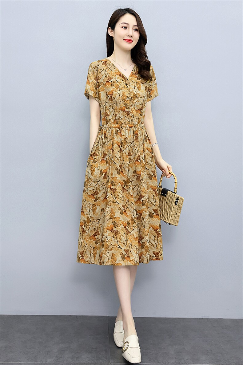 棉麻印花连衣裙女2025夏季新款收腰显瘦气质减龄高端薄款亚麻裙子,女装连衣裙,倪叶myz