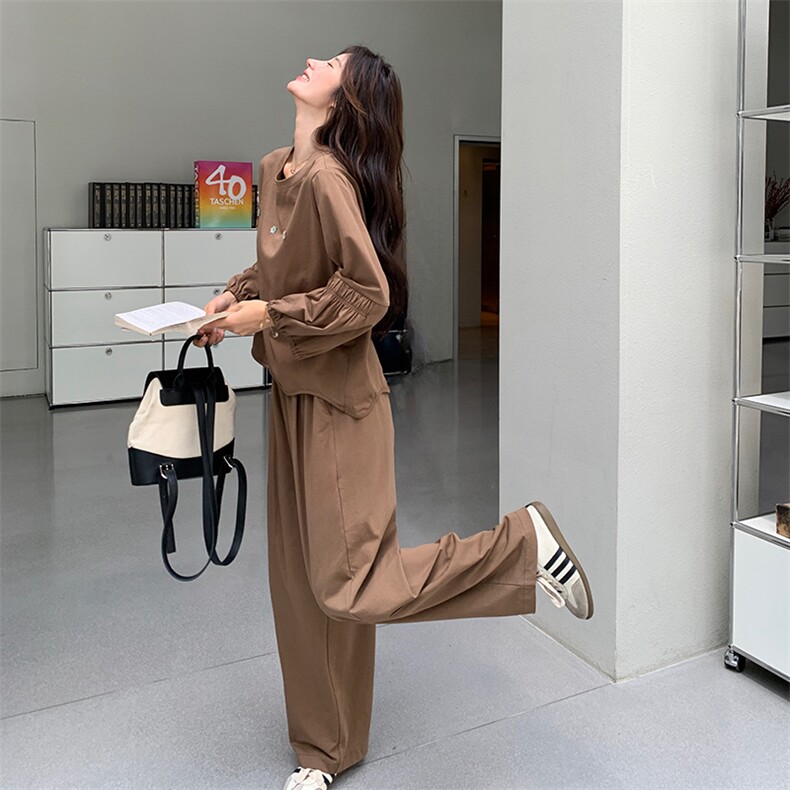 2024秋款时尚宽松显瘦长袖阔腿裤两件套女装套装,女装套装/套裙,灵力轩