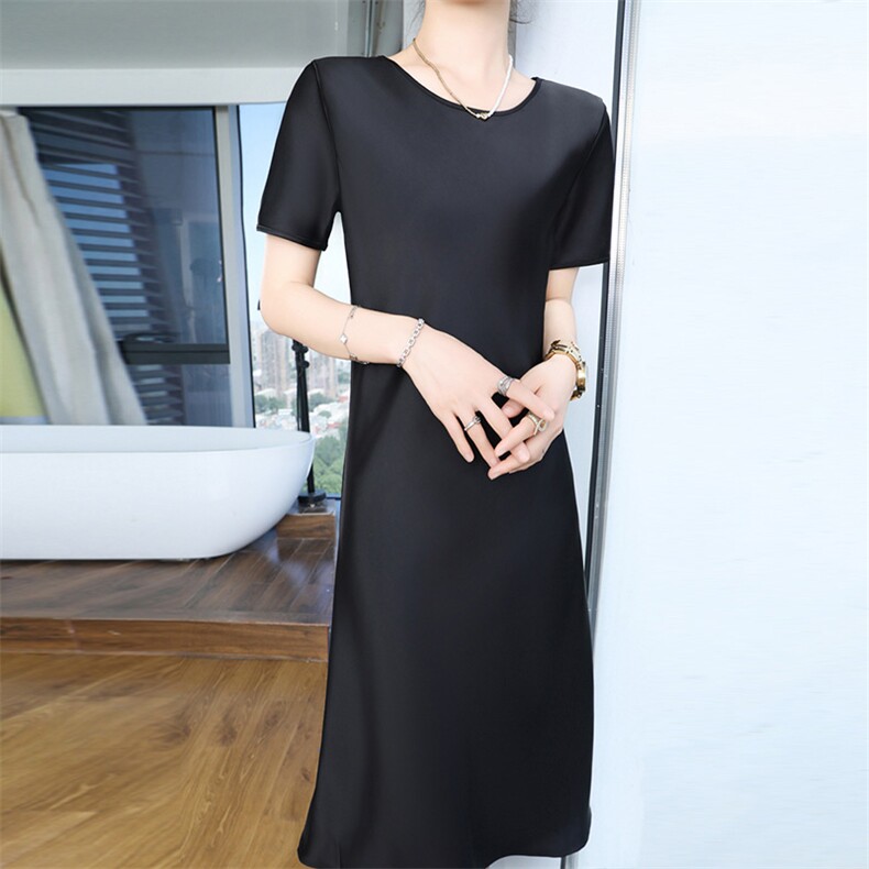 25夏新款短袖连衣裙女圆领醋酸缎面宽松显瘦高级感气质长裙偏软,女装连衣裙,九戎