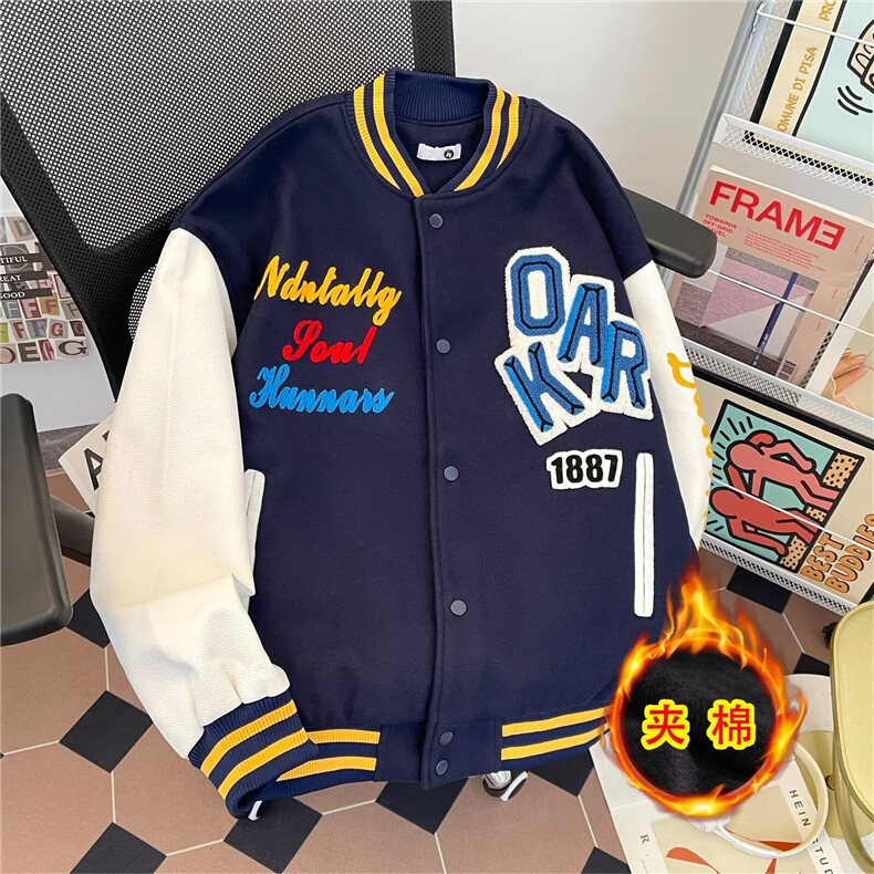 美式复古拼色植绒刺绣棒球服夹克男女秋冬季夹棉宽松外套-MF006图片
