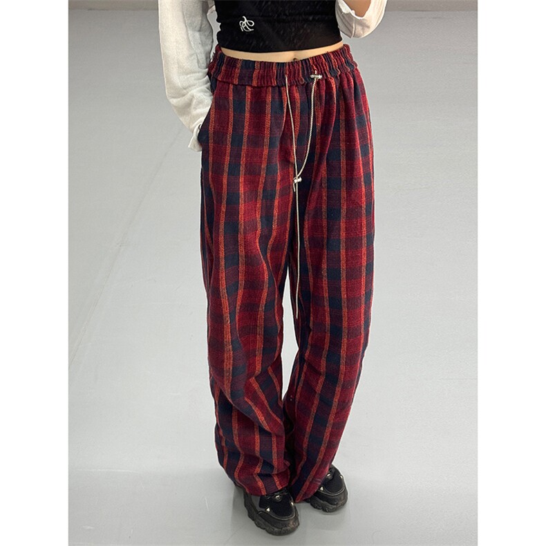 现货自家图美式红色格子毛呢宽松直筒阔腿休闲裤K661-P50控68，男装休闲裤，星座205-5