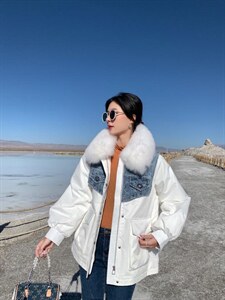 『现货』牛仔拼接派克羽绒服可拆卸,女装羽绒服,百妹仟红