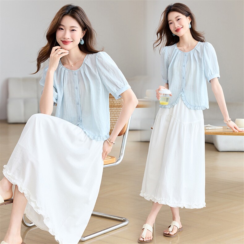 2025夏季新款宽松苎麻女士衬衫套装女民族风翻领拼色设计薄款两件，女装套装/套裙，木子恋