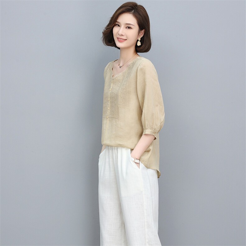 2023夏季纯苎麻刺绣简约气质方领宽松时尚休闲显瘦舒适上衣,女装衬衫,独衣靓