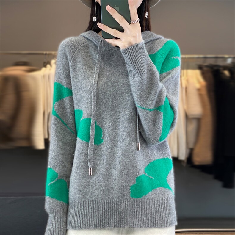 秋冬连帽撞色100%羊毛衫长袖卫衣女宽松带帽慵懒羊绒针织打底帽衫,女装羊毛衫,邦太羊绒
