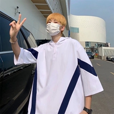 拼色连帽短袖T恤男日系潮牌宽松简约百搭五分袖上衣T1411-P33，男装T恤，星座512-2