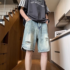 夏季美式高街破洞牛仔短裤男百搭薄五分裤情侣休闲中裤S2322-p40，男装牛仔裤，星座1008