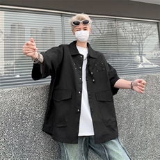 2024薄款宽松工装短袖衬衫新款复古机能痞帅半袖衫衣W8206-P40，男装衬衫，星座512-4