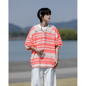 8XL-M 特大码美式复古条纹撞色针织POLO衫翻领休闲短袖TDX311P35图片
