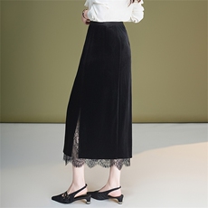蕾丝边丝绒包臀半身裙女2025秋季新款高腰显瘦气质筒裙中长一步裙，女装半身裙，艾米