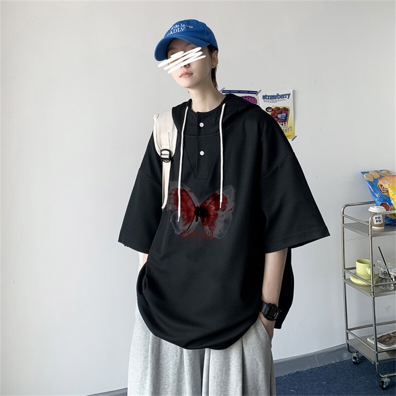 夏季港风冰丝宽松连帽短袖t恤五分体恤上衣TLM426-P40控58,男装T恤,电商B370