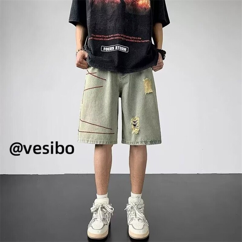 网图高街夏季破洞牛仔短裤男做旧阔腿五分裤宽松裤子 D6607-P38图片