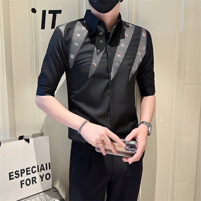 店主风社会小伙男绣花七分袖衬衫男日常休闲衬衣301A-1/CS568/P55图片