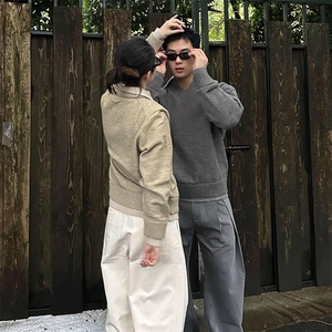 重磅北极绒假两件衬衫领毛衣美式高街复古休闲慵懒纯色翻领针织衫图片