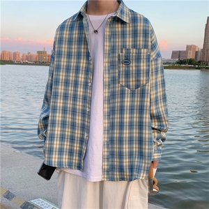 秋季新款外穿长袖衬衣 文艺港风情侣格子衬衫男女C14/图片
