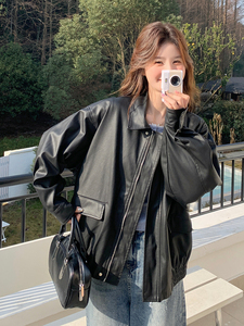 黑色美式复古PU皮衣外套女春秋2025新款爆款小个子高级感机车夹克图片