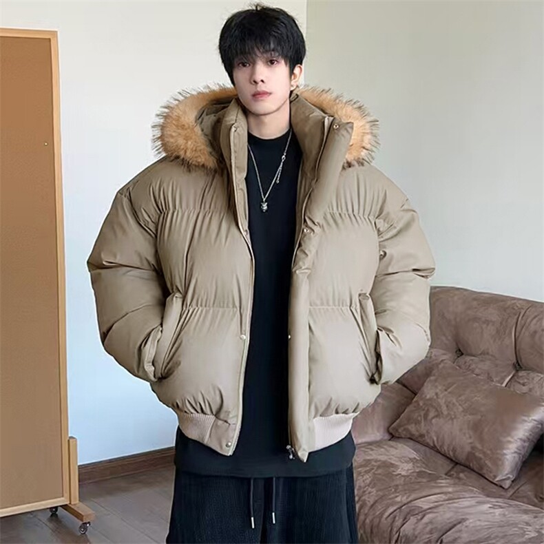 现货三防重磅硬挺boxy短款羽绒棉衣座山雕大毛毛领PU皮棉服外套冬,男装棉衣,电商A486-1