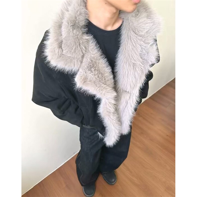 现货重磅硬挺boxy羽绒棉衣座山雕大毛毛领洗水麂皮棉服冬外套，男装棉衣，电商A486-1