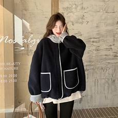 新品大货主推款藏蓝色拼色皮毛一体外套2C075-2025-P185-K268，女装毛呢外套，2C075