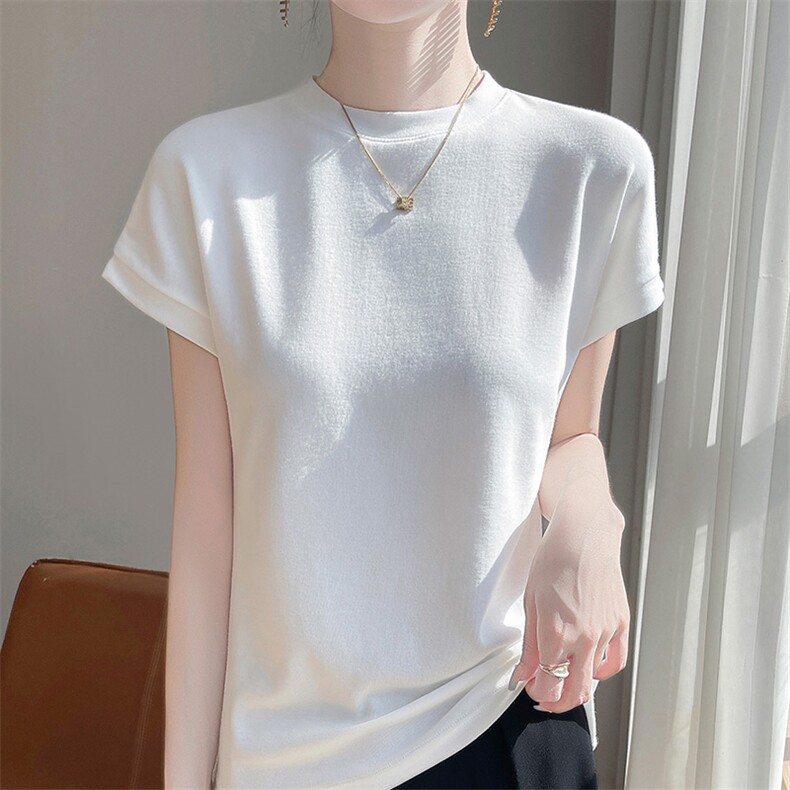 圆领纯色日常薄款不连帽短袖修身型时尚百搭，女装T恤，蒙亿羊绒