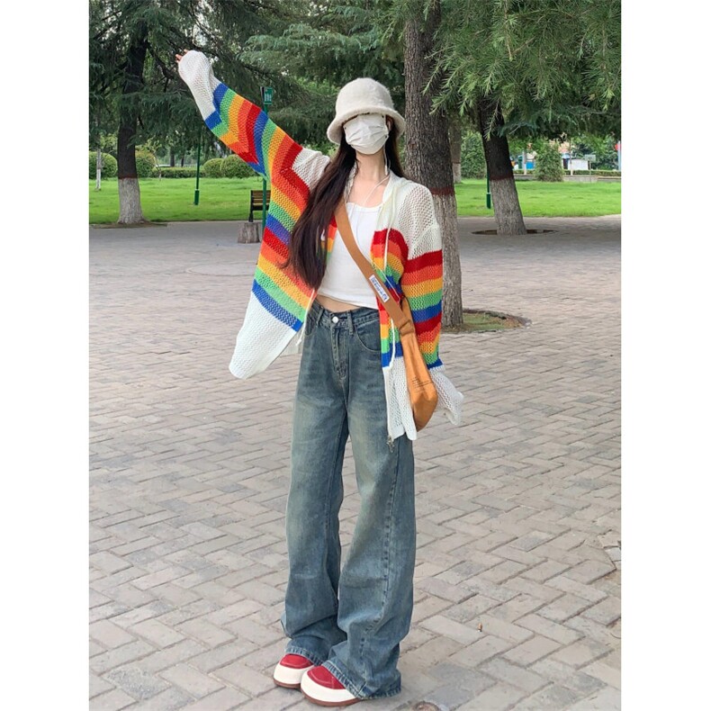 【有货】彩虹镂空连帽针织开衫男女罩衫情侣衬衫外套2401CC-特P48,男装衬衫,星座1007（原301D）