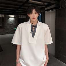 现货复古系带V领假两件简约短袖T恤潮流百搭上衣A071-T71-P48，男装T恤，电商A071