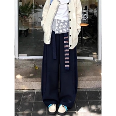 日系简约休闲风藏蓝色加绒卫裤女遮胯显瘦高腰阔腿裤百搭2025冬季，男装休闲裤，星座506A
