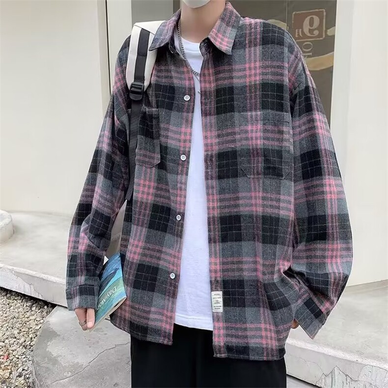 标准气质男ins潮流长袖衬衫格子青春流行日系简约原宿衬衣C324P35,男装衬衫,星座1116-2