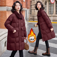 2025冬季羊羔毛拼接领子时尚中长款羽绒外套女，女装羽绒服，E百度
