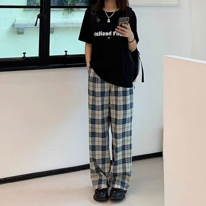CT21-P30格子休闲裤子男女潮流秋冬季宽松显瘦百搭直筒裤中腰,男装休闲裤,电商B323A