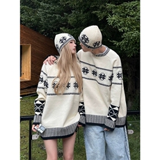 网图送帽子费尔岛毛衣情侣宽松雪花圣诞针织衫男女A1052-P55，男装针织衫/毛衣，星座1505