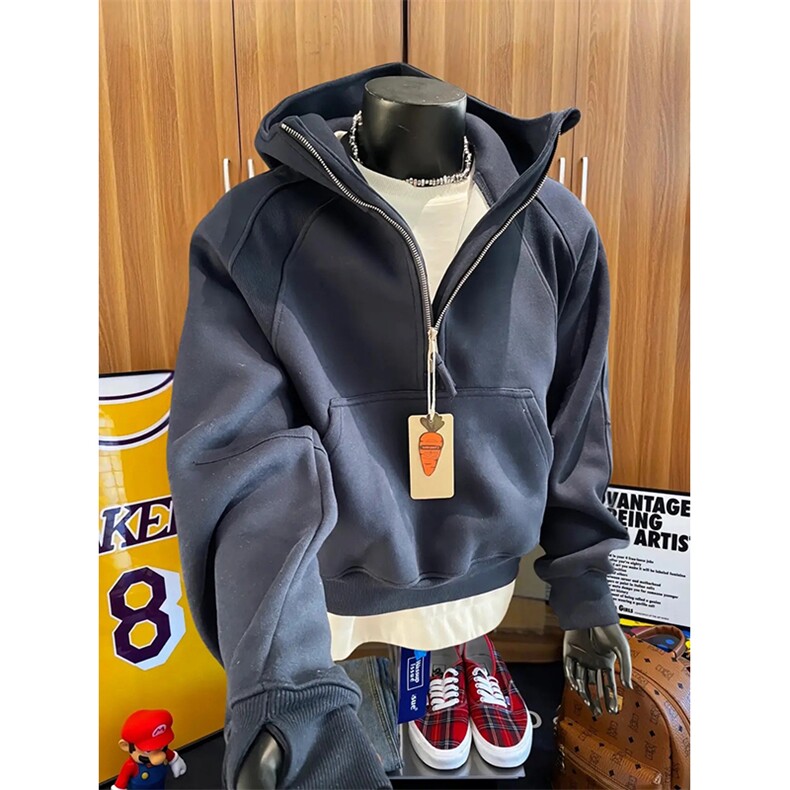 抖音得物高品质二开26春装重磅宽松结构拉链设计高领连帽卫衣W76,男装卫衣,电商A486-1