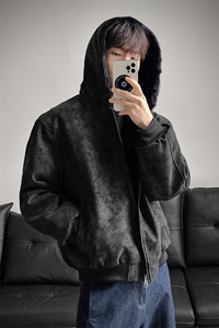 冬季连帽pu皮加绒皮棉衣座山雕男装加绒连帽棉服情侣外套S533特90图片