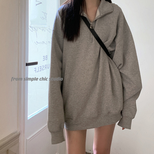 QC038-P45 2025新款半高领拉链卫衣女纯色中长款宽松图片