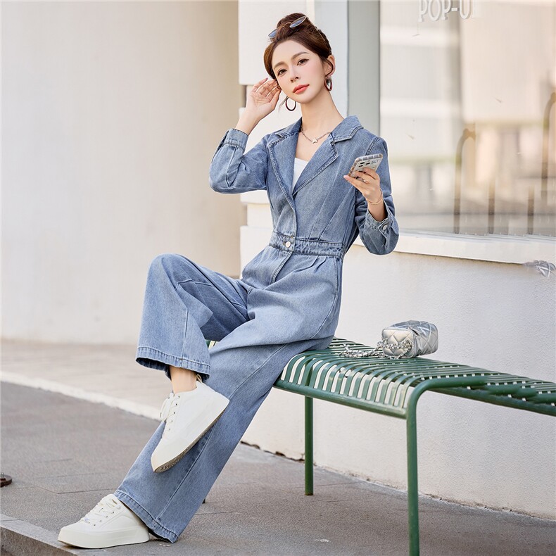 （新款现货）2026春装时尚显瘦西装领工装牛仔阔腿腰带连体裤女,女装连体裤,印象茜