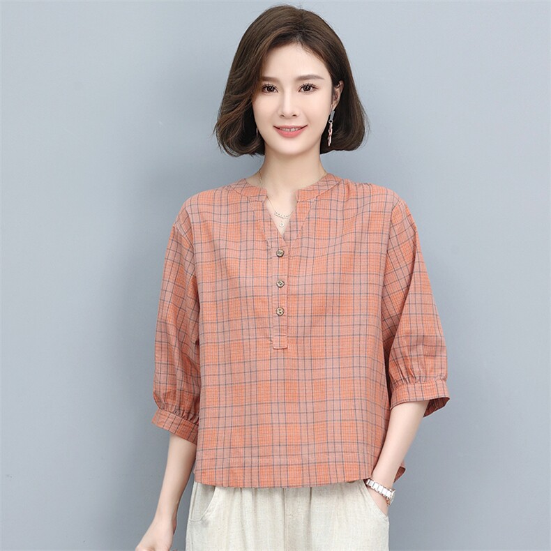 2022夏季新款格子宽松显瘦棉麻衬衫女,女装衬衫,悦见她