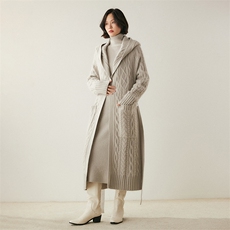 2024年秋冬季35%羊绒JCLP重磅绞花长开衫羊绒大衣，女装羊绒大衣，绒创羊绒