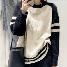 宽松秋冬百搭简约拼色加厚圆领套头羊毛衫，女装羊毛衫，圣旺供货