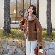 皮毛一体麂皮绒外套女2025秋冬新款韩系高级感复古时髦两面穿夹克，女装棉衣/棉服，2D078