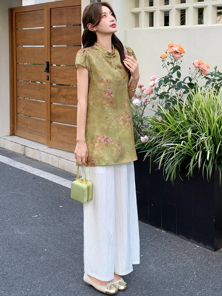 新中式g风套装女2026夏季流行复古印花盘扣旗袍上衣阔腿裤两件套,女装套装/套裙,超帛