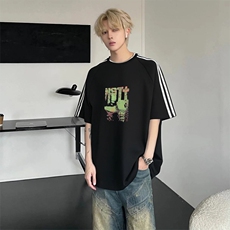 抖音得物高品质二开240克宽松纯棉美式潮牌三条杠织带短袖T恤，男装T恤，电商A486-1