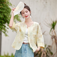 新中式国风外套女2025夏季新款高级感小香风短款黄色刺绣薄防晒衣，女装短外套，魅衣本色