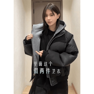 现货高品质重磅工艺美式高街假两件PU皮棉衣男女加厚棉服外套图片