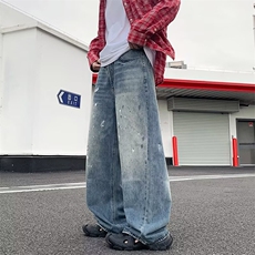 潮牌泼墨水洗做旧宽松直筒阔腿裤通勤百搭直筒裤牛仔裤NZ1165，男装牛仔裤，星座516A